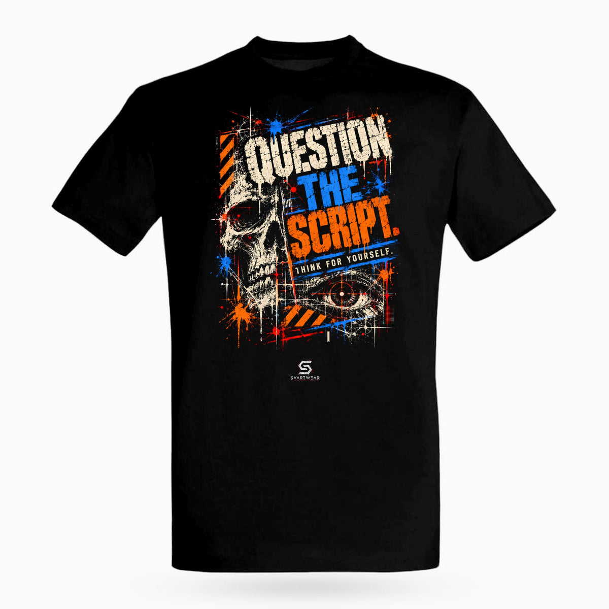 SVARTWEAR Raw Signal Shirt QUESTION THE SCRIPT. in Schwarz, Frontdruck