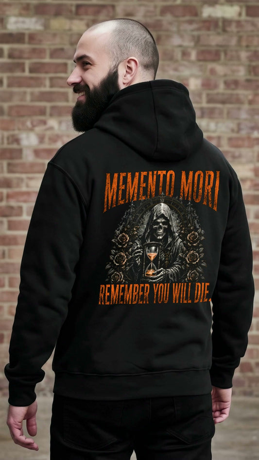 KI-erzeugtes Video: Memento Mori Hoodie Remember You Will Die getragen, vorne MEMENTO MORI, hinten Wächter mit Sanduhr und Rosen