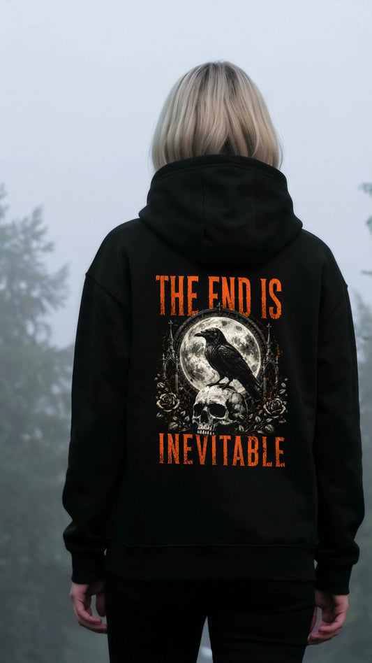 KI-erzeugtes Video: Memento Mori Hoodie The End Is Inevitable getragen, vorne MEMENTO MORI, hinten das Rückenmotiv