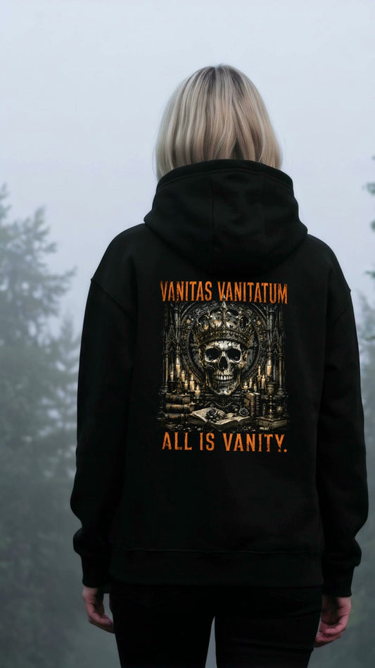 KI-erzeugtes Video: Memento Mori Hoodie Vanitas Vanitatum getragen, vorne MEMENTO MORI, hinten das Rückenmotiv