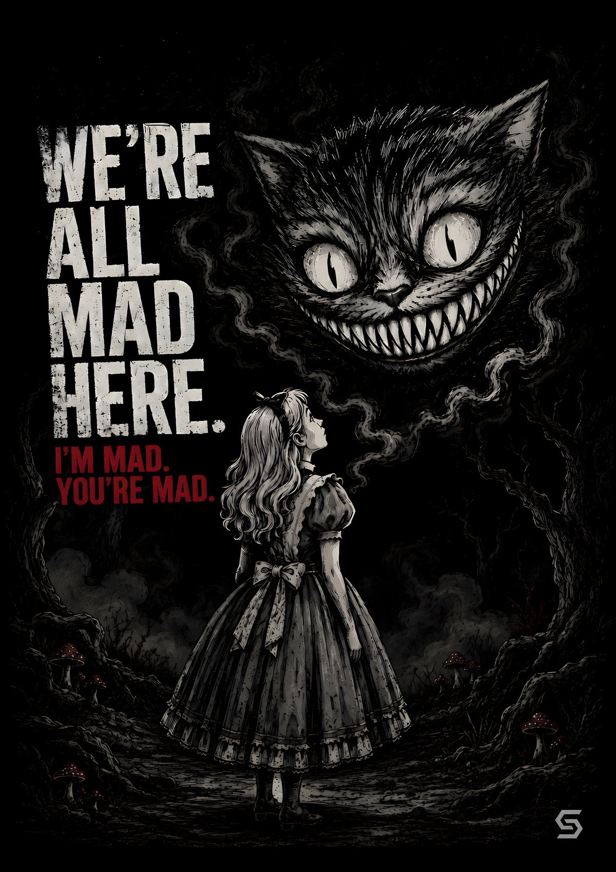 Alice Poster We're All Mad Here, Grinsekatze über der Menge, Kunstdruck auf schwarzem Grund