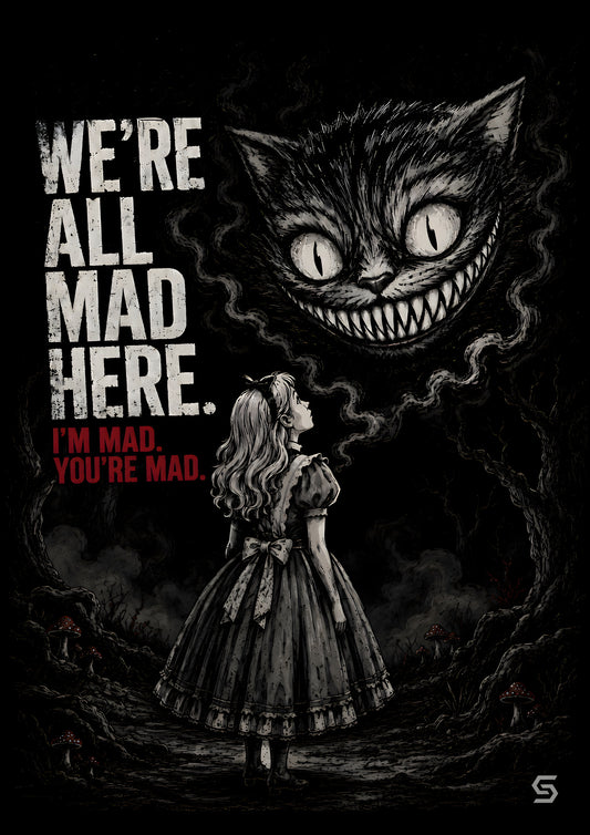 Alice Poster We're All Mad Here, Grinsekatze über der Menge, Kunstdruck auf schwarzem Grund