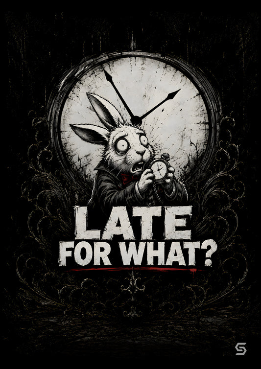 Alice Poster Late For What?, der weiße Hase vor einer gesprungenen Uhr, Kunstdruck
