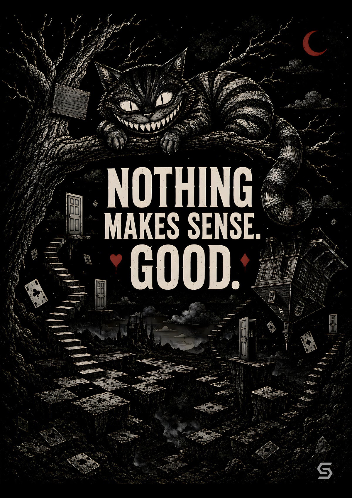 Alice Poster Nothing Makes Sense. Good., Grinsekatze auf dem Ast unter roter Mondsichel