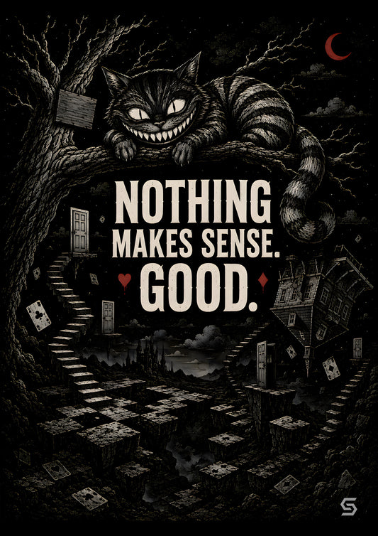 Alice Poster Nothing Makes Sense. Good., Grinsekatze auf dem Ast unter roter Mondsichel