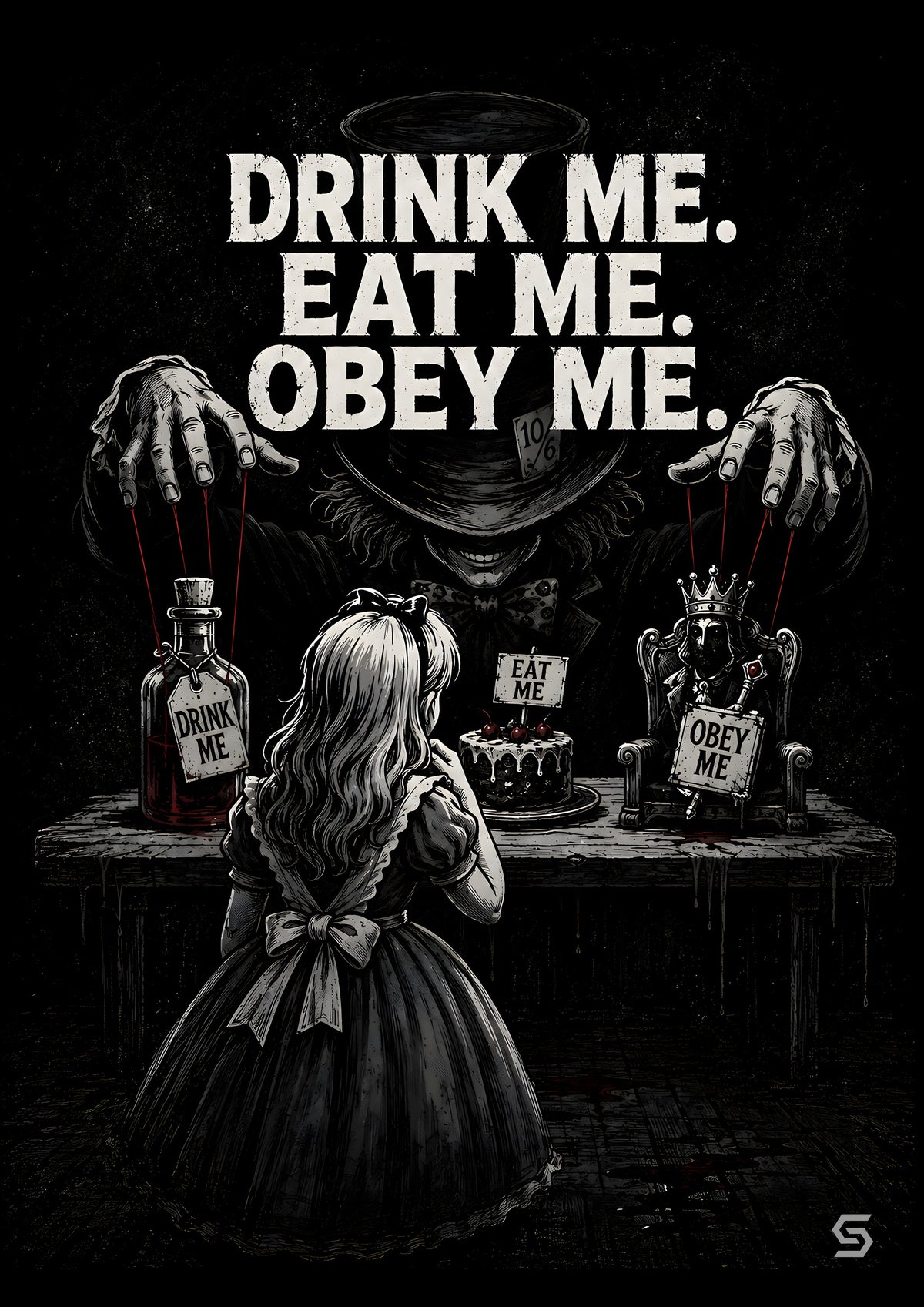 Alice Poster Drink Me. Eat Me. Obey Me., zwei Hände an roten Fäden über dem Tisch