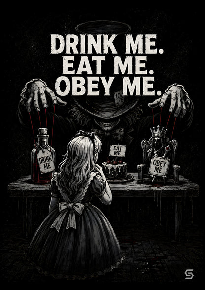 Alice Poster Drink Me. Eat Me. Obey Me., zwei Hände an roten Fäden über dem Tisch
