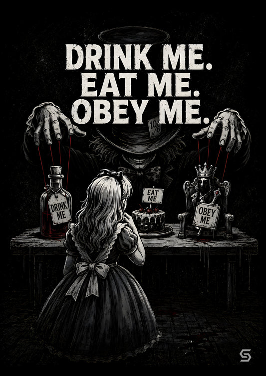 Alice Poster Drink Me. Eat Me. Obey Me., zwei Hände an roten Fäden über dem Tisch