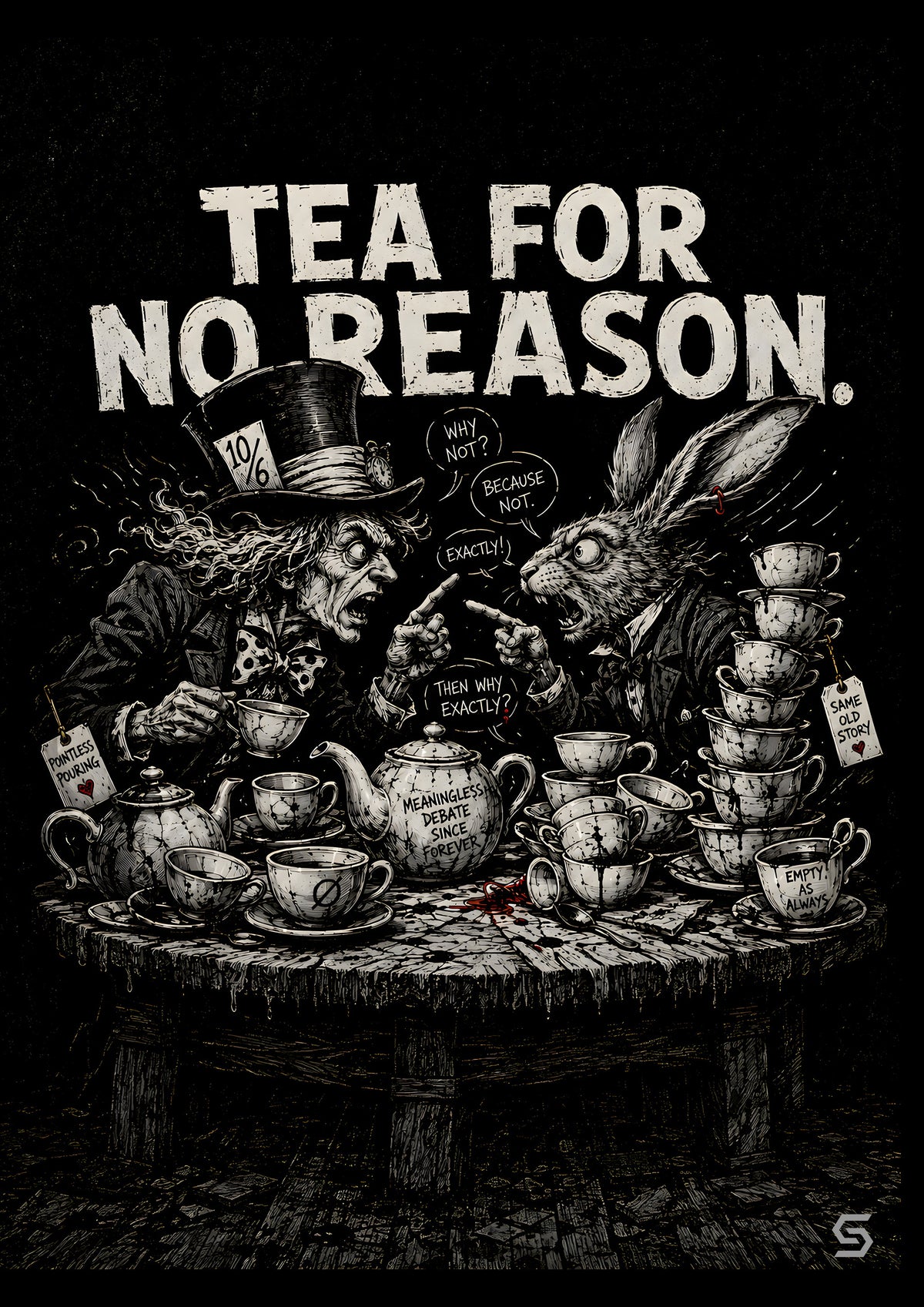 Alice Poster Tea For No Reason, Hutmacher und Märzhase am Tisch voller Tassen