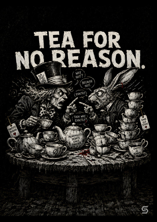 Alice Poster Tea For No Reason, Hutmacher und Märzhase am Tisch voller Tassen