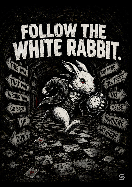 Alice Poster Follow The White Rabbit, der Hase im Tunnel der Wegweiser