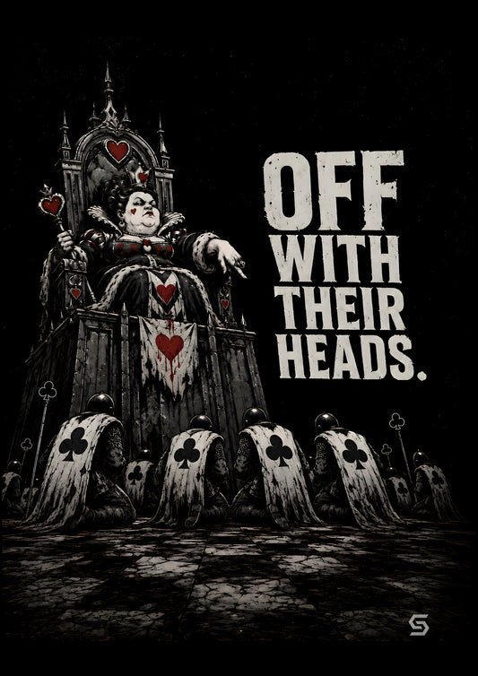 Alice Poster Off With Their Heads, die Herzkönigin auf dem Thron, davor knien die Kartensoldaten