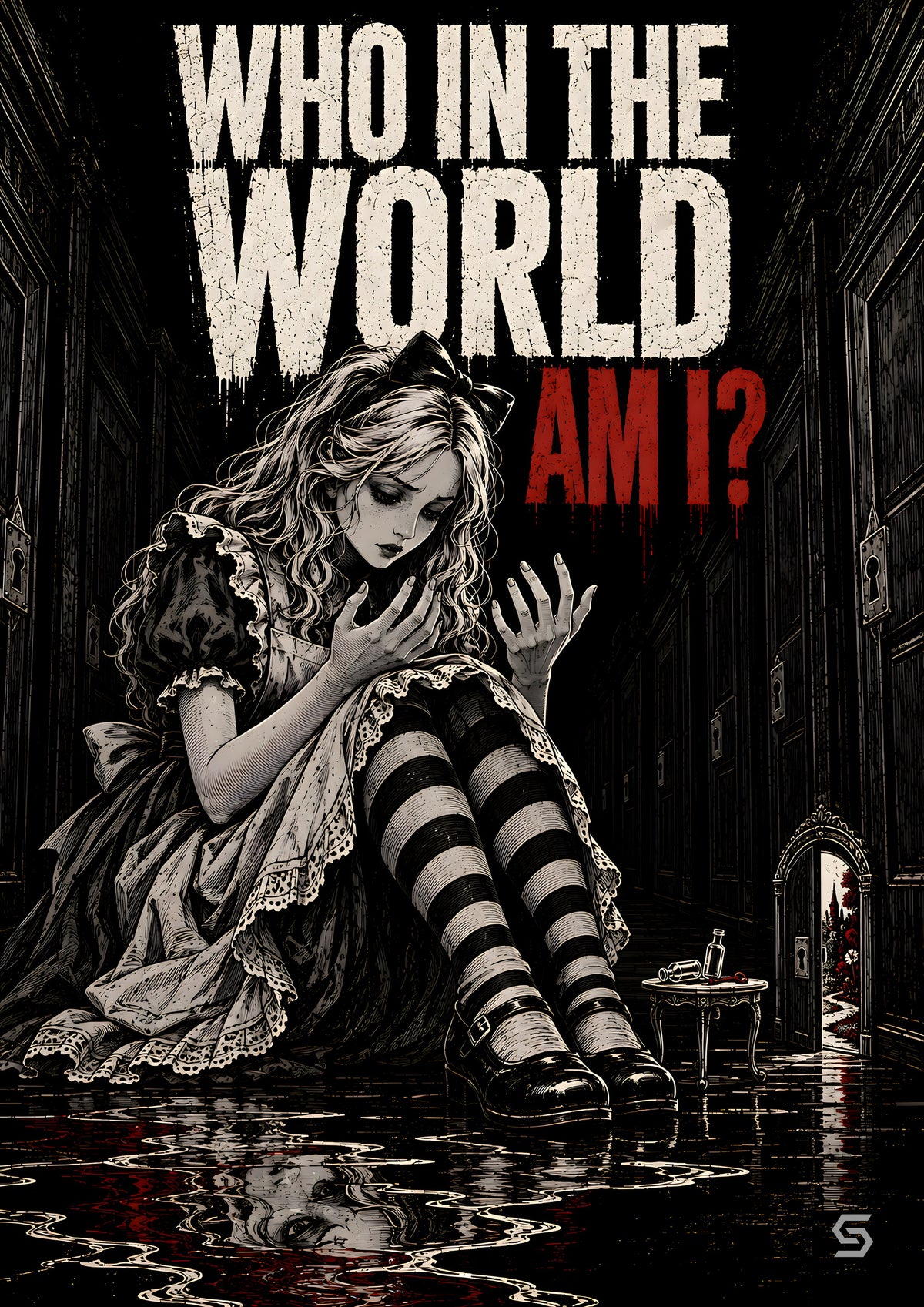 Alice Poster Who In The World Am I?, Alice im gefluteten Saal sieht ihre Hände an