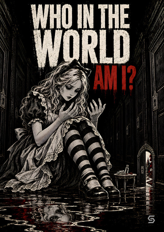 Alice Poster Who In The World Am I?, Alice im gefluteten Saal sieht ihre Hände an