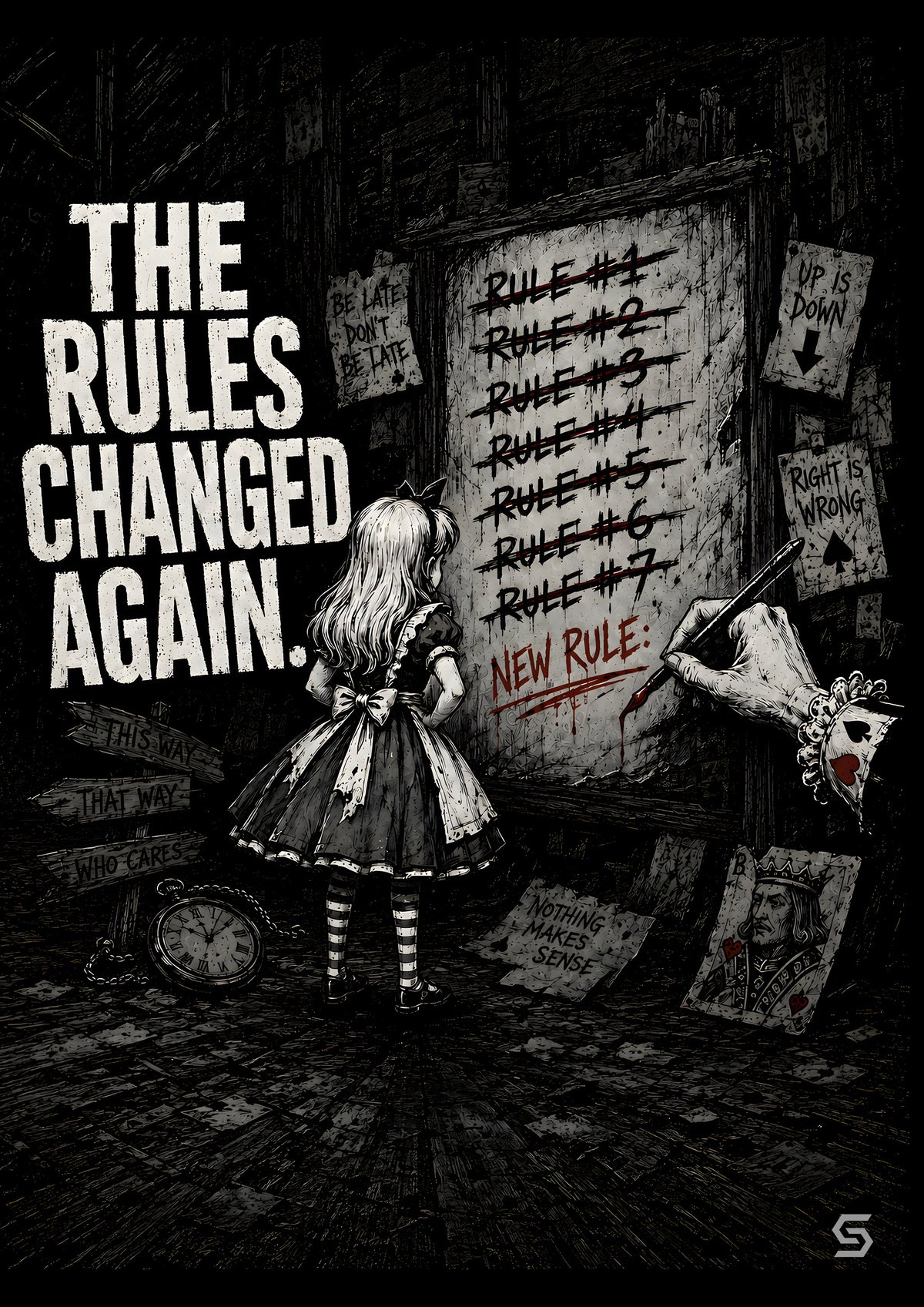 Alice Poster The Rules Changed Again, Tafel mit durchgestrichenen Regeln und NEW RULE