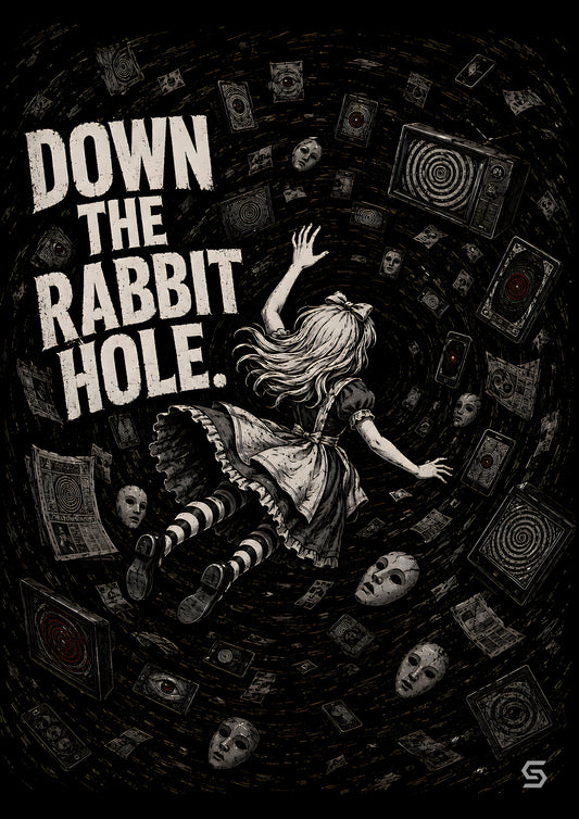 Alice Poster Down the Rabbit Hole, Alice fällt rückwärts durch den Schacht