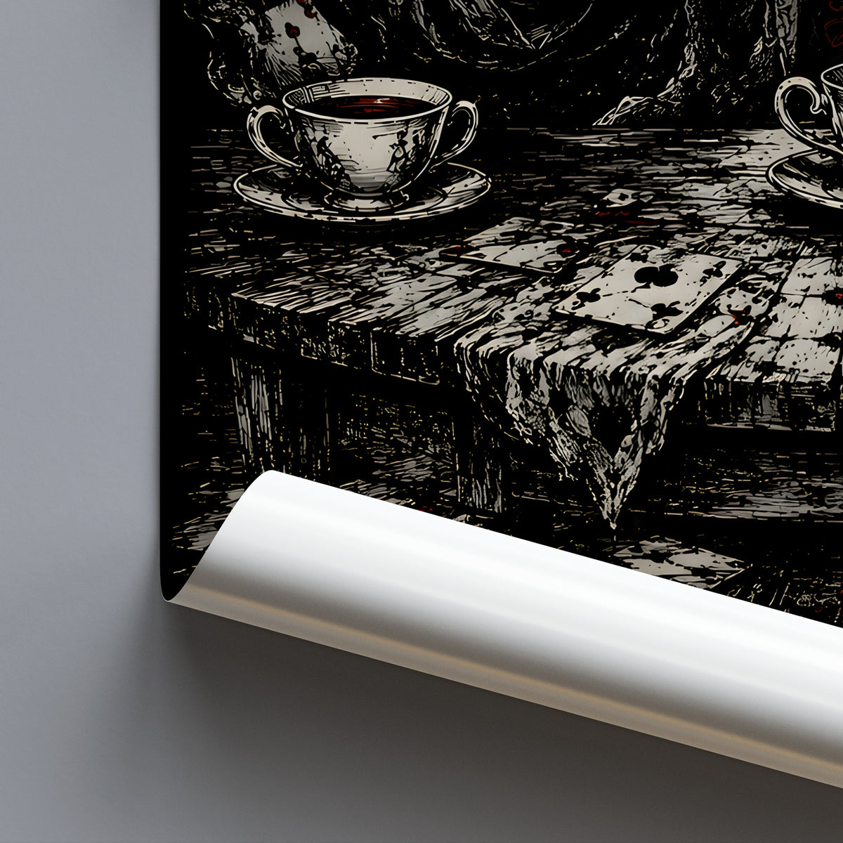 Kunstdruck Everything You Know Is Wrong gerollt, Tasse und Karten auf dem Tisch