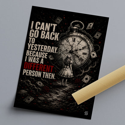 Kunstdruck I Can't Go Back To Yesterday liegend mit Versandhülse, Taschenuhr und Alice