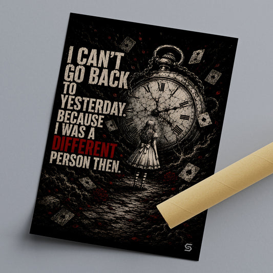 Kunstdruck I Can't Go Back To Yesterday liegend mit Versandhülse, Taschenuhr und Alice