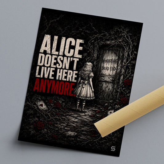 Kunstdruck Alice Doesn't Live Here Anymore liegend mit Versandhuelse, Alice vor der verschlossenen Tuer