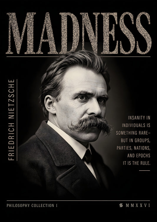 Poster Friedrich Nietzsche, Madness: fotorealistisches Porträt mit Zitat, Philosophy Collection I