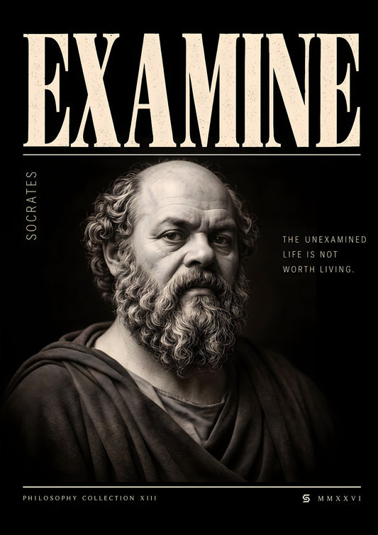 Poster Sokrates, Examine: fotorealistisches Porträt mit Zitat, Philosophy Collection XIII