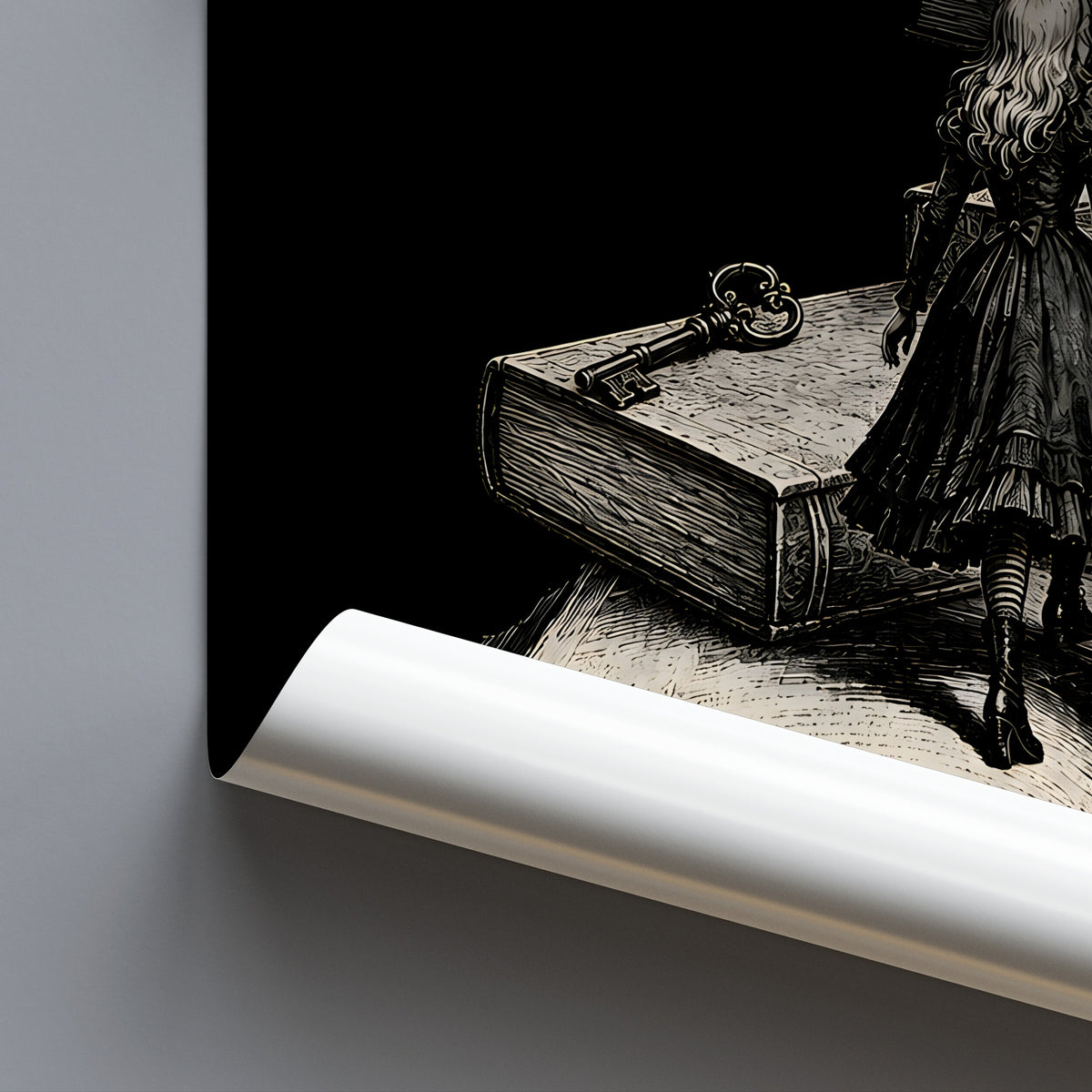 Kunstdruck Begin At The Beginning angerollt, Buch mit Schluessel im Ausschnitt