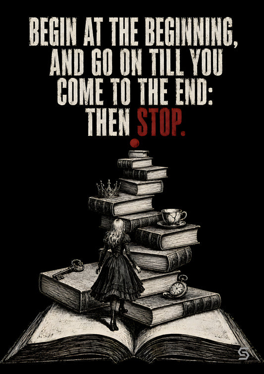 Poster Begin At The Beginning, eine Treppe aus Büchern mit Krone und Taschenuhr