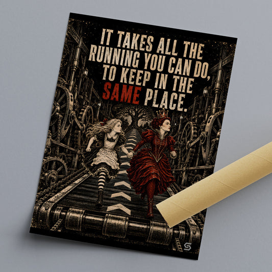 Kunstdruck It Takes All The Running You Can Do liegend mit Versandhuelse, Alice und die Rote Koenigin rennen