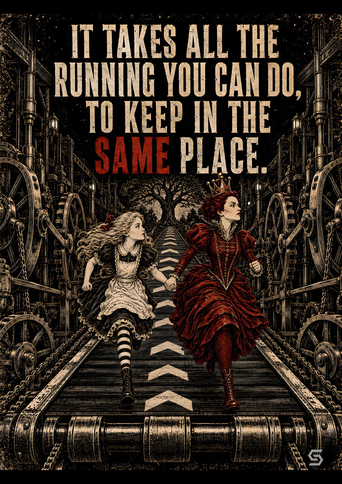 Poster It Takes All The Running You Can Do, Alice und die Rote Königin auf einem Laufband aus Zahnrädern