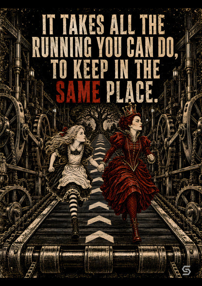 Poster It Takes All The Running You Can Do, Alice und die Rote Königin auf einem Laufband aus Zahnrädern