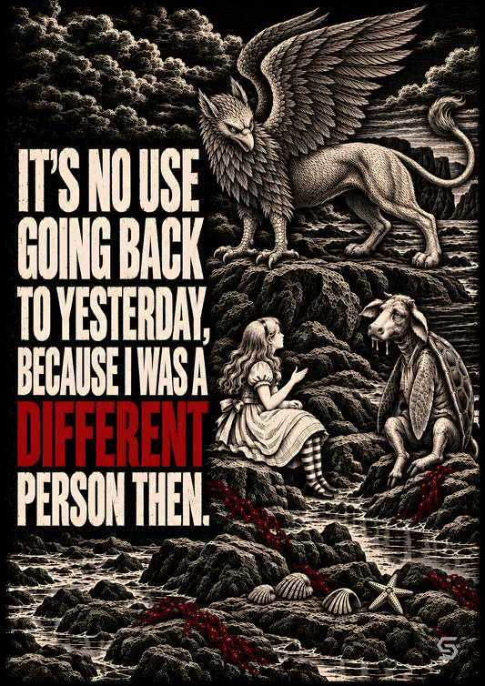 Alice Poster It's No Use Going Back To Yesterday, Alice mit Greif und Falscher Suppenschildkröte an der Küste