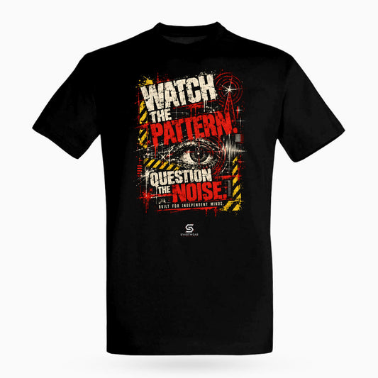 SVARTWEAR Raw Signal Shirt WATCH THE PATTERN. QUESTION THE NOISE. in Schwarz, Frontdruck