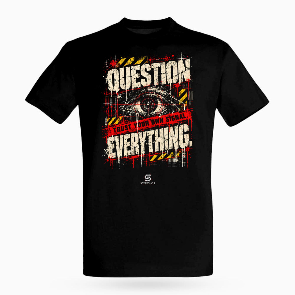 SVARTWEAR Raw Signal Shirt QUESTION EVERYTHING. in Schwarz, Frontdruck