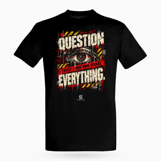 SVARTWEAR Raw Signal Shirt QUESTION EVERYTHING. in Schwarz, Frontdruck