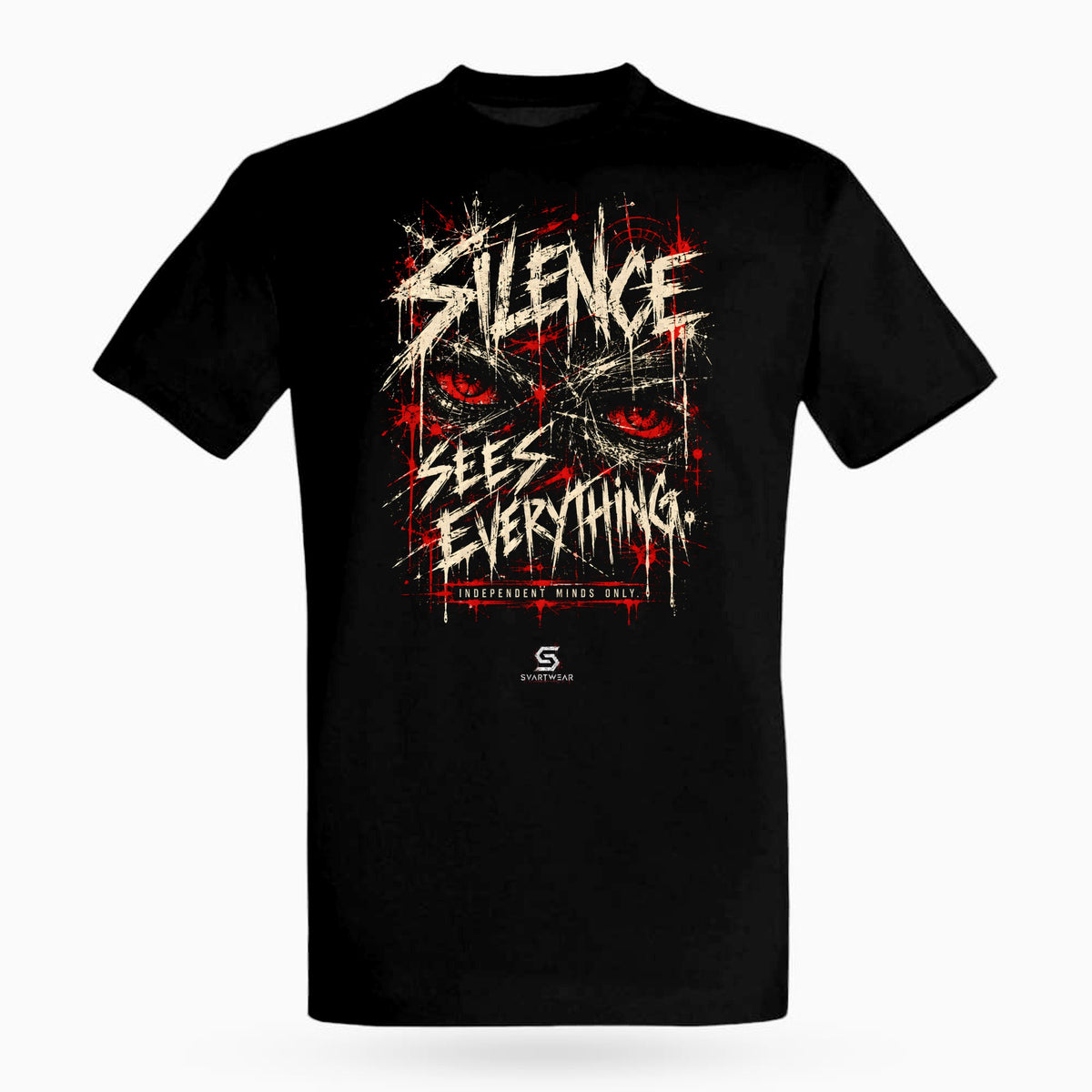 SVARTWEAR Raw Signal Shirt SILENCE SEES EVERYTHING. in Schwarz, Frontdruck