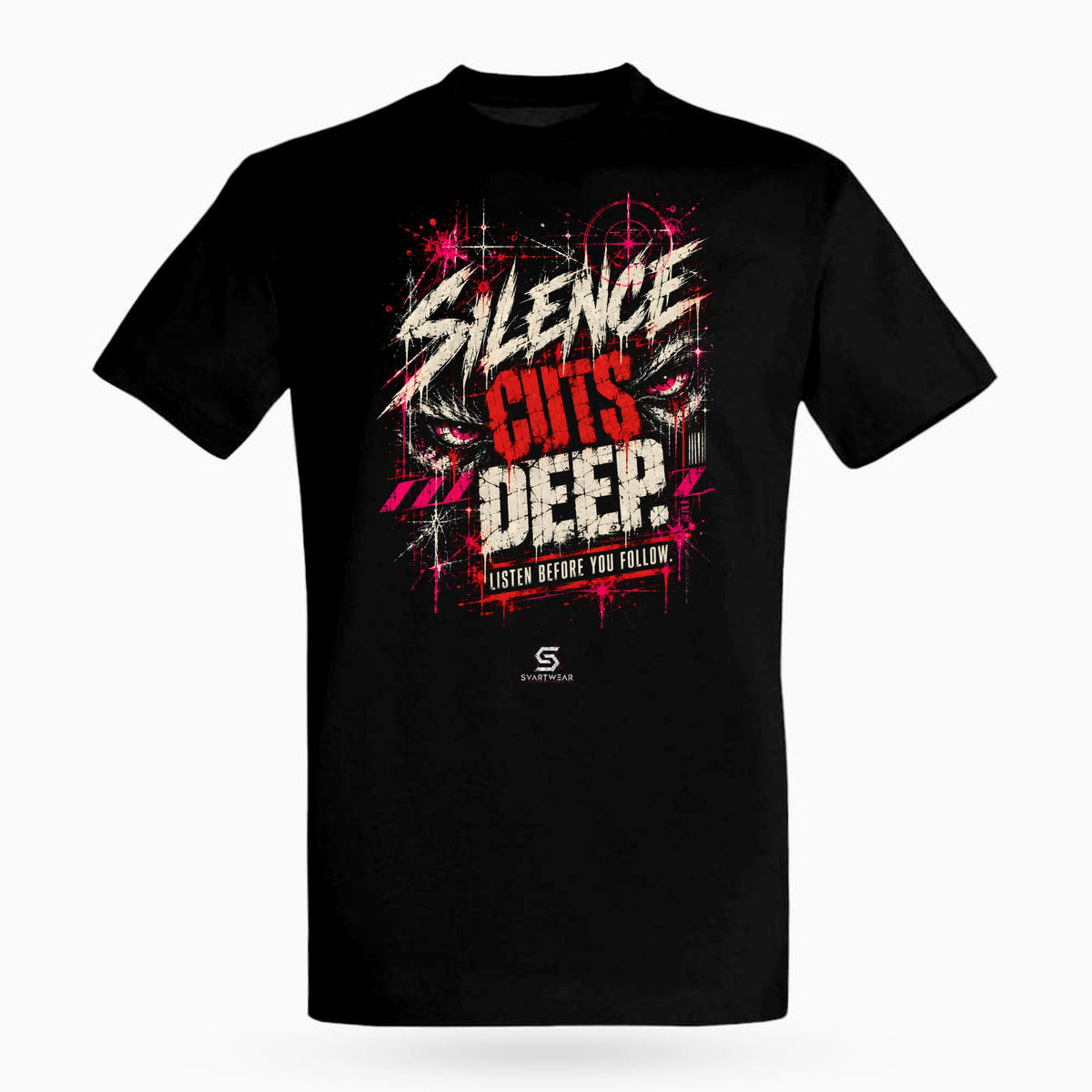 SVARTWEAR Raw Signal Shirt SILENCE CUTS DEEP. in Schwarz, Frontdruck