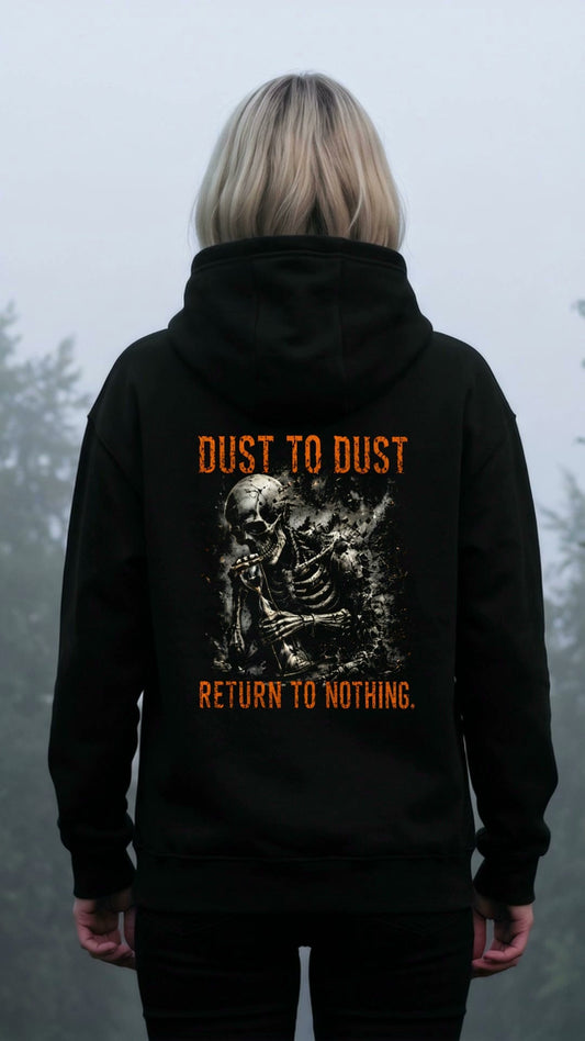 KI-erzeugtes Video: Memento Mori Hoodie Dust to Dust getragen, vorne MEMENTO MORI, hinten das Rückenmotiv