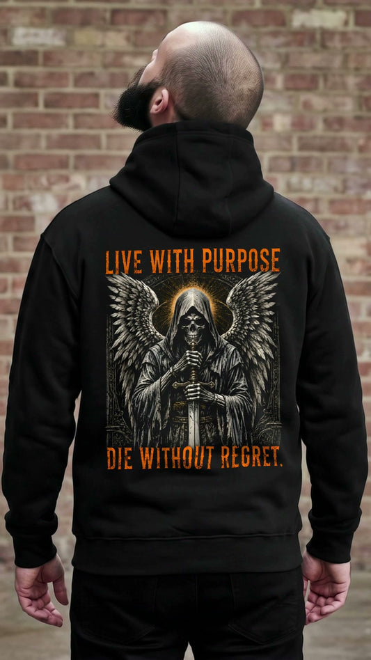 KI-erzeugtes Video: Memento Mori Hoodie Live with Purpose getragen, vorne MEMENTO MORI, hinten das Rückenmotiv
